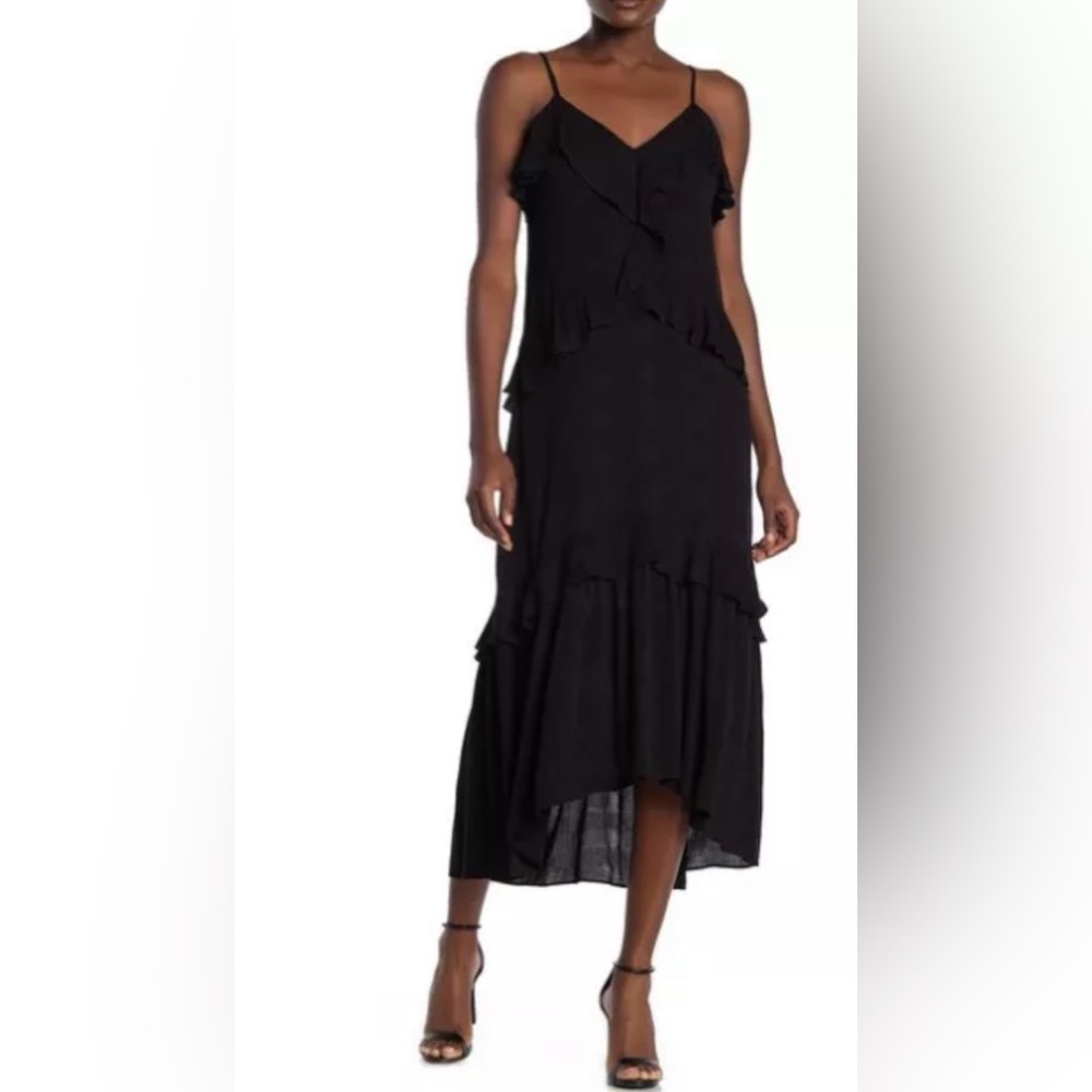 Parker NY Gauzy Sleeveless Ruffled V-neck Flounce Waist Tiered A-Line Midi Dress